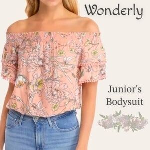 WONDERLY'S Sweet Off-The-Shoulder Junior's Floral Printed Bodysuit